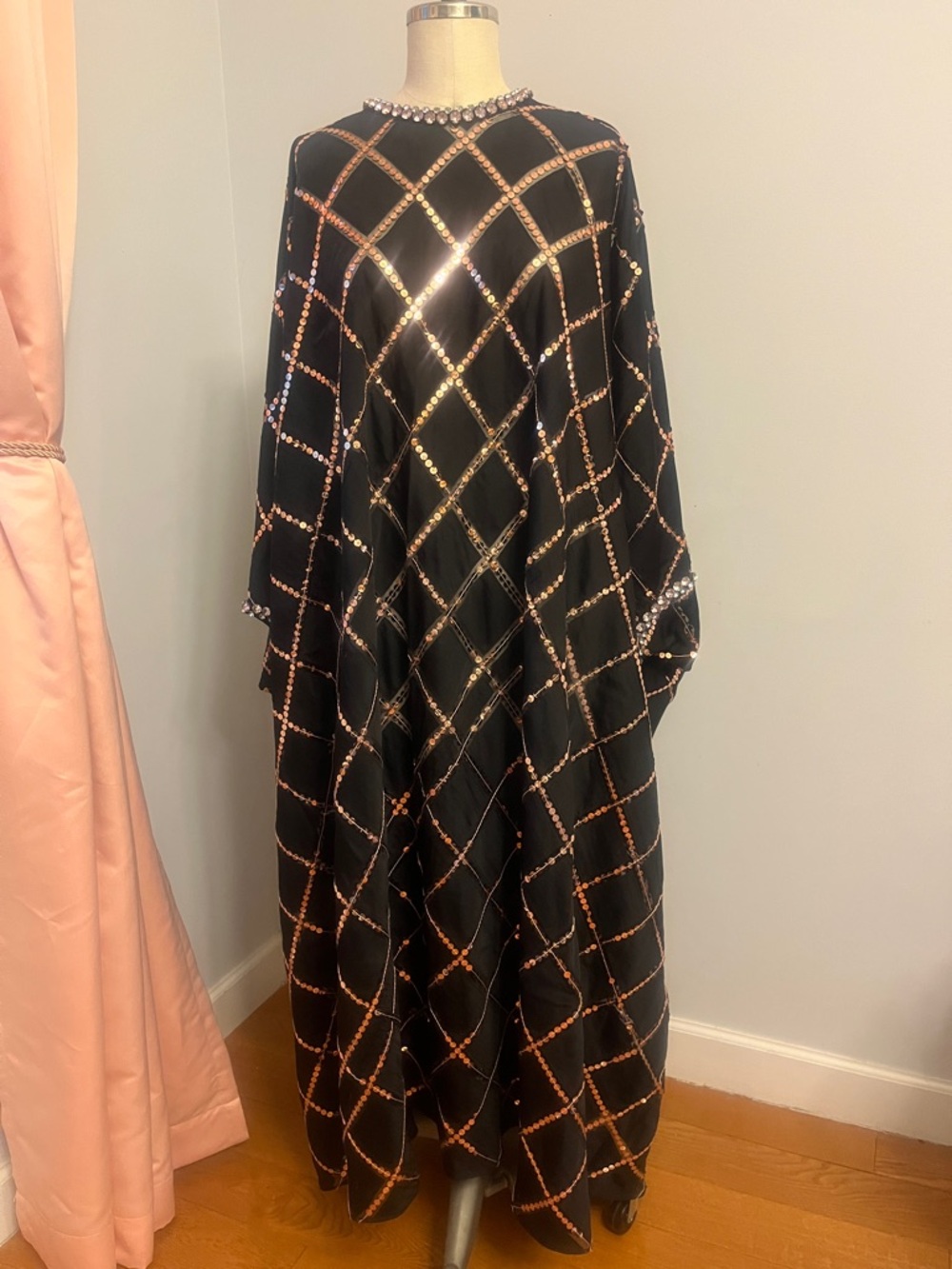 Vintage 70s RhinestoneEmbellished Black Caftan w/ Pink Sequin Windowpane